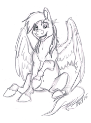 Size: 671x909 | Tagged: safe, artist:carnivorouscaribou, derpy hooves, pegasus, pony, female, lineart, mare, monochrome, sitting, sketch, solo, traditional art