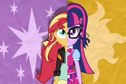Size: 12000x8000 | Tagged: safe, alternate version, artist:spottedlions, sci-twi, sunset shimmer, twilight sparkle, equestria girls, absurd resolution, clothes, duo, glasses, jacket, shirt, split screen, two sided posters, two sides, vest