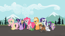 Size: 1280x707 | Tagged: safe, artist:capnpea, edit, angel bunny, applejack, fluttershy, gummy, opalescence, owlowiscious, pinkie pie, rarity, spike, twilight sparkle, winona, dragon, earth pony, pegasus, pony, unicorn, may the best pet win