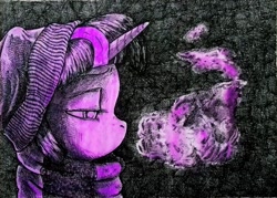Size: 1898x1358 | Tagged: safe, artist:smellslikebeer, derpibooru import, twilight sparkle, beanie, bust, clothes, crosshatch, dark, hat, ink, lidded eyes, looking down, monochrome, neo noir, partial color, portrait, profile, scarf, solo, traditional art