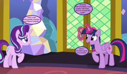 Size: 972x567 | Tagged: safe, edit, edited screencap, screencap, starlight glimmer, twilight sparkle, twilight sparkle (alicorn), alicorn, pony, unicorn, uncommon bond, cropped, duo, friendship lesson, implied derpy, implied moondancer, speech bubble, text, twilight's castle