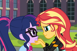 Size: 6000x4000 | Tagged: safe, artist:spottedlions, sci-twi, sunset shimmer, twilight sparkle, equestria girls, absurd resolution, bowtie, canterlot high, clothes, comforting, courtyard, crying, duo, female, glasses, jacket, leather jacket, lesbian, ponytail, scitwishimmer, shipping, sunsetsparkle