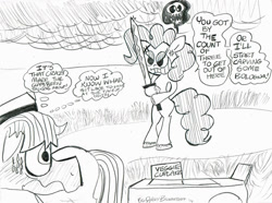 Size: 800x595 | Tagged: safe, artist:bickcomixx, pinkie pie, pony, bipedal, katana, monochrome, sword, weapon