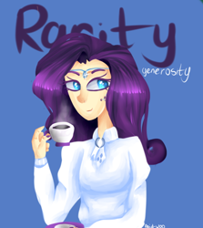 Size: 624x699 | Tagged: safe, artist:baid-woo, rarity, human, headband, humanized, raritea, smiling, solo, tattoo, tea, teacup