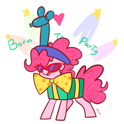 Size: 1000x1000 | Tagged: safe, artist:mt, pinkie pie, earth pony, pony, pinkie pride, bow, box, clothes, costume, glasses, present, solo, sunglasses