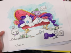 Size: 1024x768 | Tagged: safe, artist:katiecandraw, opalescence, rarity, spike, dragon, pony, unicorn, best pony, cider, drunk, fainting couch, graffiti, haircut, out of character, this will end in tears and/or death, traditional art