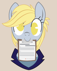 Size: 800x988 | Tagged: safe, artist:dbkit, derpy hooves, pegasus, pony, ask, clipboard, face, female, mare, mouth hold, tumblr