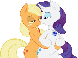 Size: 10000x7430 | Tagged: safe, artist:alexpony, artist:joey darkmeat, applejack, rarity, earth pony, pony, unicorn, .psd available, absurd resolution, bedroom eyes, female, freckles, jewelry, lesbian, looking at each other, mare, necklace, rarijack, shipping, simple background, smiling, transparent background, vector