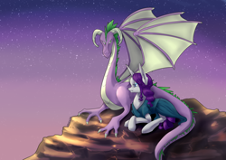 Size: 1200x848 | Tagged: safe, artist:nalenthi, rarity, spike, dragon, pony, unicorn, a song of ice and fire, adult spike, clothes, daenerys targaryen, dress, female, game of thrones, harsher in hindsight, male, older, older spike, prone, shipping, sky, smiling, sparity, spread wings, straight