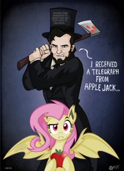 Size: 1386x1919 | Tagged: safe, artist:wolfjedisamuel, fluttershy, bat pony, pony, bats!, abraham lincoln, abraham lincoln: vampire hunter, apple, axe, crossover, cutie mark, flutterbat, hat, race swap, raised eyebrow, this will end in death, this will end in tears, this will end in tears and/or death