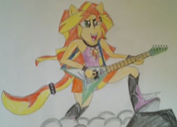 Size: 1627x1166 | Tagged: safe, artist:malevolentsamson, artist:psygcosis507, sunset shimmer, equestria girls, electric guitar, flying v, guitar, ponied up, solo, sunset shredder, traditional art