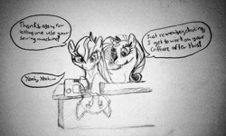 Size: 1237x740 | Tagged: safe, artist:wolfavenge, rarity, oc, pony, unicorn, comic, monochrome, sewing machine, traditional art