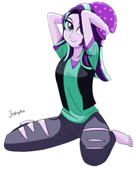 Size: 5344x6713 | Tagged: safe, artist:jeglegator, starlight glimmer, equestria girls, absurd resolution, barefoot, beanie, feet, hat, sitting, solo