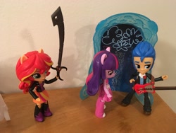 Size: 4032x3024 | Tagged: safe, artist:crazybeast, sunset shimmer, twilight sparkle, equestria girls, doll, equestria girls minis, eqventures of the minis, guitar, irl, photo, sneaking, sword, toy, unsuspecting, weapon