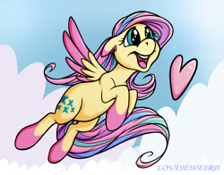 Size: 1197x940 | Tagged: safe, artist:louiseweird, fluttershy, pegasus, pony, flying, heart, rainbow power, solo