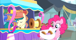 Size: 1152x609 | Tagged: safe, screencap, pinkie pie, earth pony, pony, pinkie pride, female, male, mare, meme, stallion, unnamed character, unnamed pony, youtube caption