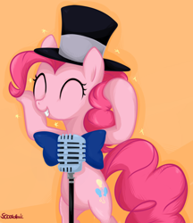 Size: 950x1100 | Tagged: safe, artist:chiweee, pinkie pie, earth pony, pony, pinkie pride, bowtie, hat, microphone, solo, top hat