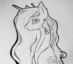 Size: 1000x867 | Tagged: safe, artist:holka13, princess celestia, alicorn, pony, black and white, bust, grayscale, monochrome, portrait, solo