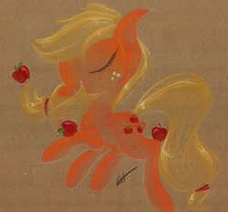 Size: 820x764 | Tagged: safe, artist:getchanoodlewet, applejack, earth pony, pony, apple, eyes closed, solo, traditional art