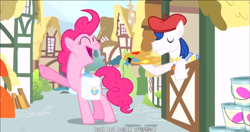 Size: 1151x610 | Tagged: safe, screencap, pinkie pie, earth pony, pony, pinkie pride, acrylic paint (character), duo, female, male, mare, meme, stallion, youtube caption