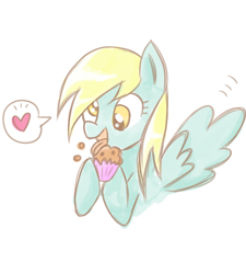 Size: 1800x2000 | Tagged: safe, artist:minami_um, derpy hooves, pegasus, pony, female, heart, mare, muffin, pixiv, simple background, solo, tongue out, white background