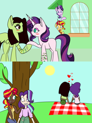 Size: 8267x11022 | Tagged: safe, artist:icey-wicey-1517, artist:rainelathepegasus00, starlight glimmer, sunset shimmer, oc, oc:evening glitter, oc:white lilly, human, pegasus, pony, unicorn, collaboration, absurd resolution, blanket, caught, choker, clothes, colored, dark skin, ear piercing, earbuds, earring, evening lilly, eyebrow piercing, eyeshadow, female, heart, hiding, holding hands, holding hooves, house, human ponidox, humanized, icey-verse, jeans, jewelry, lesbian, magical lesbian spawn, makeup, mare, mother and child, mother and daughter, nose piercing, oc x oc, offspring, open mouth, panic, panicking, pants, parent and child, parent:applejack, parent:starlight glimmer, parent:strawberry sunrise, parent:sunset shimmer, parents:applerise, parents:shimmerglimmer, picnic, picnic blanket, piercing, self ponidox, shimmerglimmer, shipping, shocked, spying, sun, tattoo, torn clothes, tree