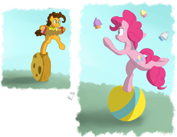 Size: 1100x850 | Tagged: safe, artist:blastdown, cheese sandwich, pinkie pie, earth pony, pony, pinkie pride, accordion, ball, cheese wheel, cupcake, juggling, musical instrument