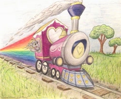 Size: 989x807 | Tagged: safe, artist:thefriendlyelephant, derpy hooves, pegasus, pony, behaving like a dog, female, friendship express, grass, hype train, locomotive, mare, railroad, rainbow, sky, smoke, solo, steam locomotive, tongue out, tracks, traditional art, train, trainbow, tree