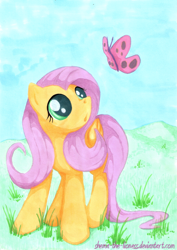 Size: 822x1164 | Tagged: safe, artist:shema-the-lioness, fluttershy, butterfly, pegasus, pony, solo, traditional art