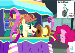 Size: 1542x1080 | Tagged: safe, edit, screencap, pinkie pie, earth pony, pony, pinkie pride, cap, cutie mark, female, hat, male, mare, ribbon, stallion, streamers, stubble, unnamed pony, vendor