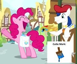 Size: 1260x1042 | Tagged: safe, screencap, pinkie pie, earth pony, pony, pinkie pride, acrylic paint (character), beret, cutie mark, female, happy, male, mare, paint, paint palette, paintbrush, stallion, vendor