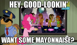 Size: 480x283 | Tagged: safe, cheese sandwich, jack hammer, pinkie pie, rivet, earth pony, pony, pinkie pride, cheese curls, cuffs, if you know what i mean, implying, mayonnaise, out of context, police, police officer