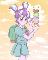 Size: 2598x3248 | Tagged: safe, artist:sumin6301, starlight glimmer, equestria girls, alternate hairstyle, backpack, blushing, clothes, cute, dessert, female, food, glimmerbetes, ice cream, ice cream cone, pigtails, pleated skirt, school uniform, skirt, solo, that human sure does love ice cream, younger