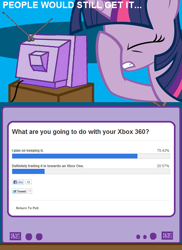 Size: 562x771 | Tagged: safe, derpibooru import, twilight sparkle, exploitable meme, facehoof, meta, poll, tv meme, xbox, xbox 360, xbox one