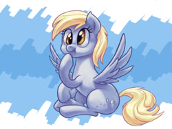 Size: 2000x1500 | Tagged: safe, artist:verulence, derpy hooves, pegasus, pony, female, mare, raised hoof, scrunchy face, sitting, solo, spread wings