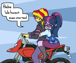 Size: 2400x2000 | Tagged: safe, artist:rawrienstein, sci-twi, sunset shimmer, twilight sparkle, equestria girls, female, hug, lesbian, motorcycle, scared, scitwishimmer, shipping, sunsetsparkle