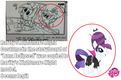 Size: 781x518 | Tagged: safe, derpy hooves, rarity, pegasus, pony, unicorn, luna eclipsed, clothes, costume, female, gameloft, mare, model, nightmare night costume, nightmare night rarity, seems legit, storyboard