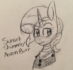 Size: 1280x1240 | Tagged: safe, artist:universe-fairy, sunset shimmer, pony, unicorn, aaron burr, crossover, hamilton, parody, solo, traditional art