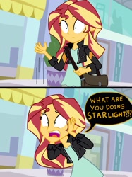 Size: 2048x2732 | Tagged: safe, artist:justsomepainter11, sunset shimmer, comic:starlight gets uncovered, equestria girls, mirror magic, spoiler:eqg specials, clothes, comic, dialogue, implied starlight glimmer, shocked