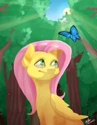 Size: 900x1165 | Tagged: safe, artist:ellamred, fluttershy, butterfly, pegasus, pony, crepuscular rays, forest, solo