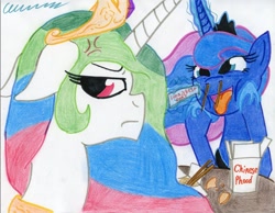 Size: 1014x788 | Tagged: safe, artist:the1king, princess celestia, princess luna, alicorn, pony, chinese food, chopsticks, fortune cookie, traditional art