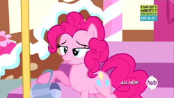 Size: 1280x720 | Tagged: safe, screencap, pinkie pie, earth pony, pony, pinkie pride, scrunchy face, solo, stan lee's mighty 7