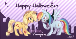 Size: 1382x721 | Tagged: safe, artist:ashitaka_kiyu, derpibooru import, applejack, rainbow dash, earth pony, pegasus, pony, undead, vampire, vampony, zombie, clothes, costume, halloween, pixiv