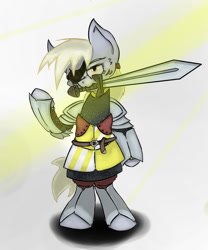 Size: 750x900 | Tagged: safe, artist:radecfrack, derpy hooves, pegasus, pony, angry, armor, eyepatch, fantasy class, female, knight, light, mare, serious face, solo, sword, warrior
