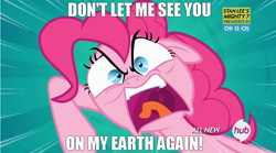 Size: 1022x569 | Tagged: safe, edit, edited screencap, screencap, pinkie pie, earth pony, pony, pinkie pride, dragonzball p, faic, hub logo, image macro, ragey pie, solo, stan lee's mighty 7