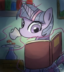 Size: 1200x1350 | Tagged: safe, artist:taco-slayer, derpibooru import, twilight sparkle, book, coffee, magic, reading, solo