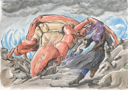 Size: 1280x899 | Tagged: safe, artist:thekuto, rarity, crab, human, fight, giant crab, gun, humanized, rarity fighting a giant crab, traditional art, watercolor painting