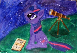 Size: 2037x1422 | Tagged: safe, artist:bananizen, derpibooru import, twilight sparkle, solo, telescope