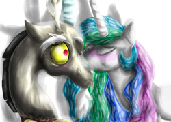 Size: 700x500 | Tagged: safe, artist:silvy-fret, discord, princess celestia, alicorn, pony, blushing, dislestia, eyes closed, female, kiss on the cheek, kissing, male, shipping, smooch, straight