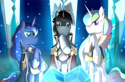 Size: 7000x4600 | Tagged: safe, artist:kometiv, king sombra, princess celestia, princess luna, alicorn, pony, unicorn, absurd resolution, cape, clothes, crystal heart, fall of the crystal empire, sitting, sword